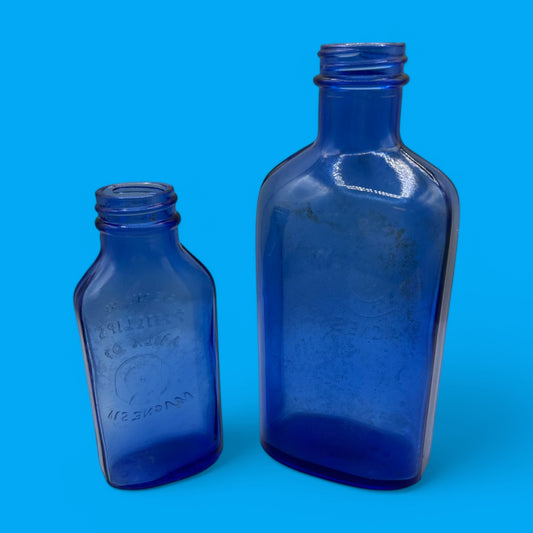2 Antique Phillips Milk of Magnesia Bottle Cobalt Blue Glass Made in Canada