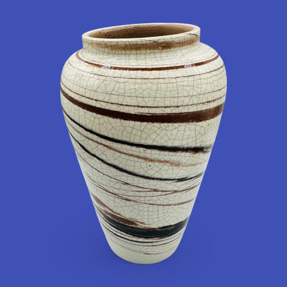 Elevate your decor with the Italian Mid-Century Modern Pottery Vase 9.8" Tall, featuring a crackled glaze and bold lines.