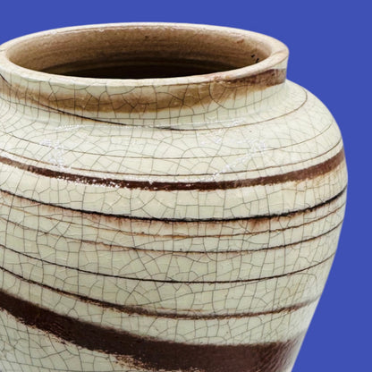 Elevate your decor with this Italian Mid-Century Modern Pottery Vase 9.8" Tall, featuring a creamy crackled glaze.