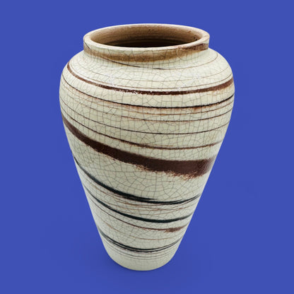 Elevate your space with this Italian Mid-Century Modern Pottery Vase 9.8" Tall, featuring a creamy, crackled glaze.