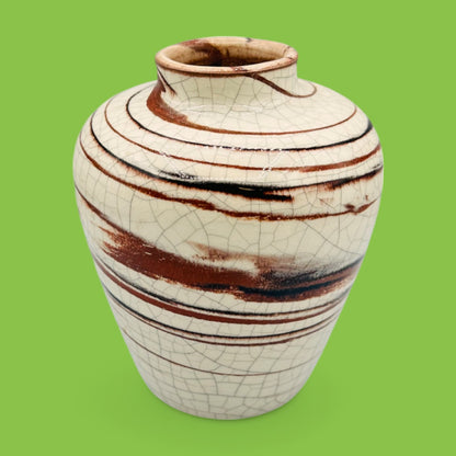 Vintage Crackle Glaze Vase - Earth Tone Swirls - Italy - 5" showcases stunning earthy swirls on a creamy background.