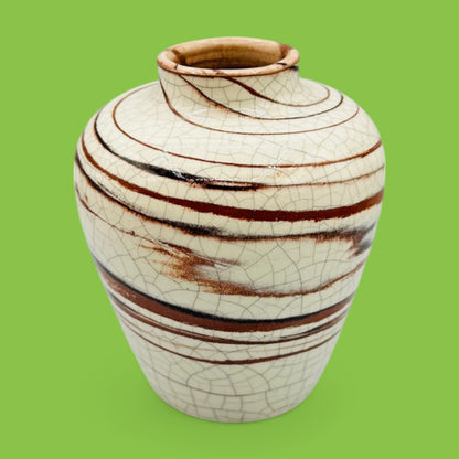 Vintage Crackle Glaze Vase - Earth Tone Swirls - Italy - 5" showcases captivating swirls on a creamy white background.