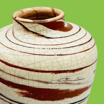 Vintage Crackle Glaze Vase - Earth Tone Swirls - Italy - 5" showcases unique brown and black swirls on creamy white.