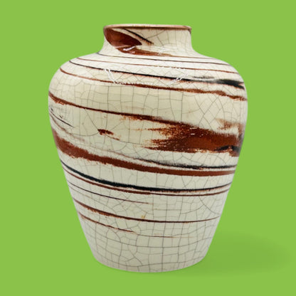 Vintage Crackle Glaze Vase - Earth Tone Swirls - Italy - 5" features unique brown and black patterns on creamy white.