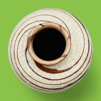 Vintage Crackle Glaze Vase - Earth Tone Swirls - Italy - 5" features unique swirls and crackle glaze for organic elegance.