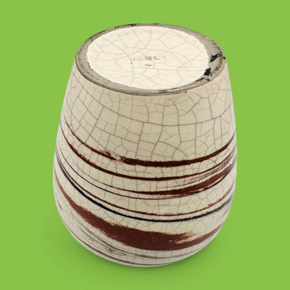 Vintage Crackle Glaze Vase - Earth Tone Swirls - Italy - 5" showcases stunning earthy swirls on a creamy glaze.