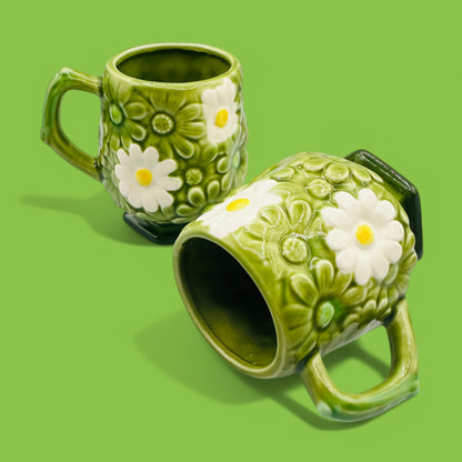 Vintage Fred Roberts Co. Green Daisy Earthenware Mug - Replacement Mug, featuring a vibrant green glaze and raised daisies.
