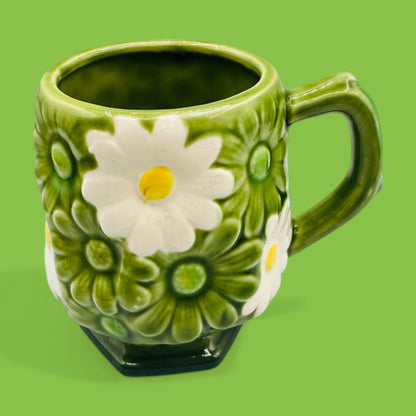 Vintage Fred Roberts Co. Green Daisy Earthenware Mug - Replacement Mug with vibrant green glaze and white daisies.