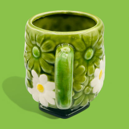 Vintage Fred Roberts Co. Green Daisy Earthenware Mug - Replacement Mug with vibrant green glaze and white daisies.