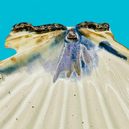 Large Ceramic Scallop Shell Dish - Coastal Decor - 11.4" showcases a creamy white interior with blue and brown accents.