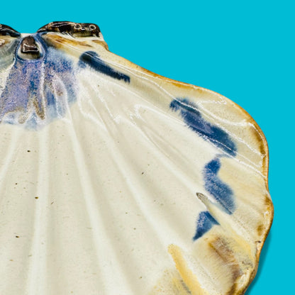 Large Ceramic Scallop Shell Dish - Coastal Decor - 11.4" features creamy white with blue and brown accents for seaside charm.