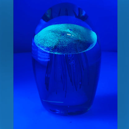 Teal Jellyfish Glass Paperweight - Vintage Charm - Glows in the Dark, showcasing a captivating jellyfish in crystal-clear glass.