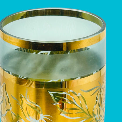 Vintage Italian Gold Floral Vase - 8" Tall features elegant gold patterns on frosted glass, perfect for home decor.