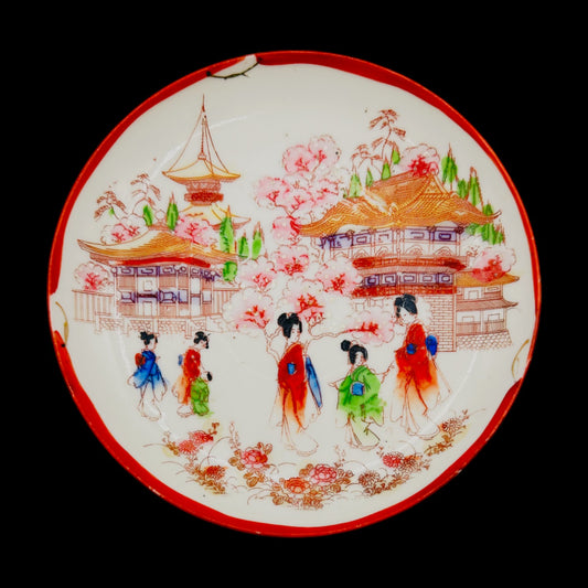 Vintage Hand-Painted Japanese Plate – 7" Geisha & Pagoda Decorative Art