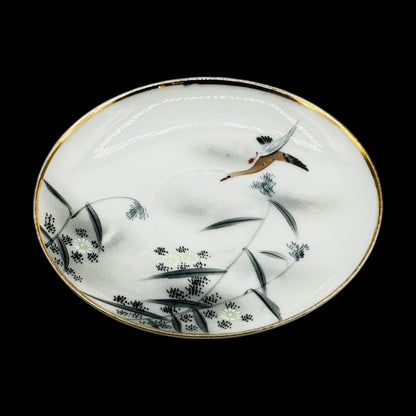 Vintage Japanese Crane Plate - Hand-Painted, Gold Rimmed, Signed features a graceful crane and serene colors for elegant decor.