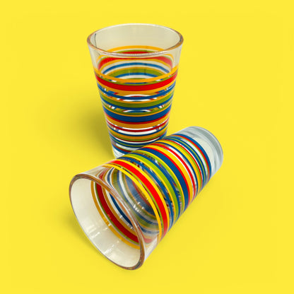 Vintage Libbey Fiesta Mambo Striped Tumblers, MCM Rainbow Glass Set (2) showcase colorful stripes for retro drinkware charm.