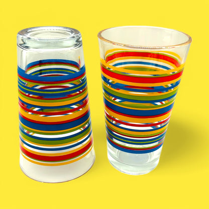 Vintage Libbey Fiesta Mambo Striped Tumblers, MCM Rainbow Glass Set (2) feature colorful horizontal stripes for retro charm.