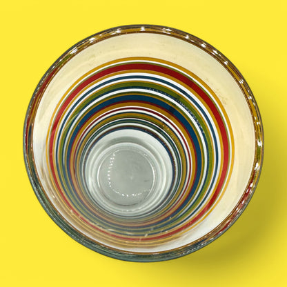 Colorful Vintage Libbey Fiesta Mambo Striped Tumblers, MCM Rainbow Glass Set (2) on a bright yellow background.