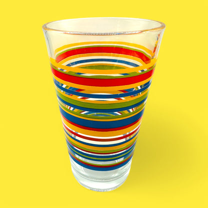 Colorful Vintage Libbey Fiesta Mambo Striped Tumblers, MCM Rainbow Glass Set (2) perfect for retro drinkware collections.