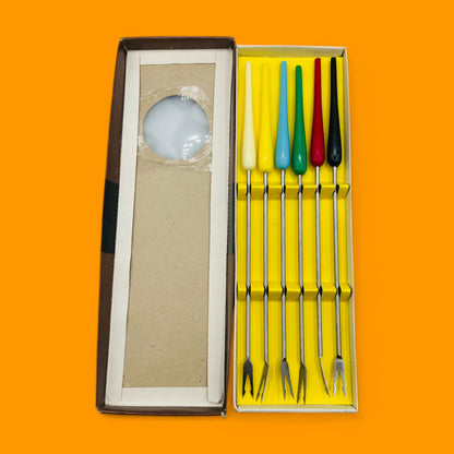 Vintage Coloured Teardrop Fondue Forks, Set of 6 - Mid-Century Modern Design, perfect for stylish fondue parties.