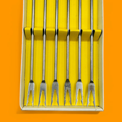Vintage Coloured Teardrop Fondue Forks, Set of 6 - Mid-Century Modern Design, perfect for stylish fondue parties.