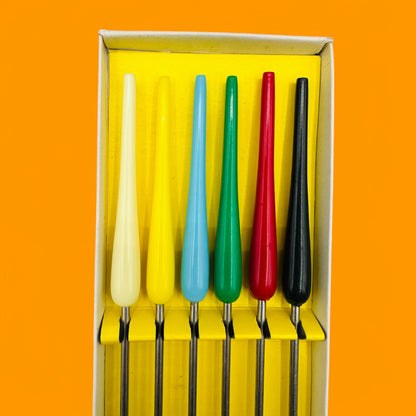 Vintage Coloured Teardrop Fondue Forks, Set of 6 - Mid-Century Modern Design with vibrant colored handles for stylish dining.