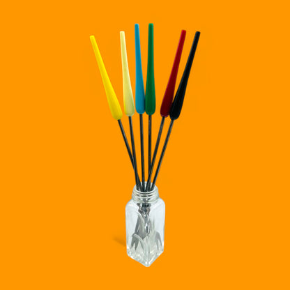 Vintage Coloured Teardrop Fondue Forks, Set of 6 - Mid-Century Modern Design, perfect for stylish fondue parties.