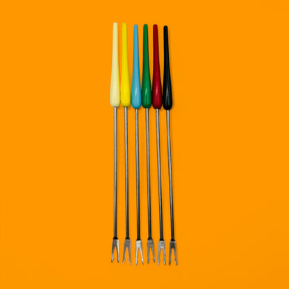 Add a pop of color to your fondue with Vintage Coloured Teardrop Fondue Forks, Set of 6 - Mid-Century Modern Design.