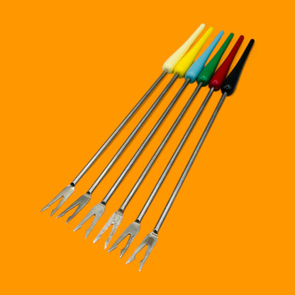 Vintage Coloured Teardrop Fondue Forks, Set of 6 - Mid-Century Modern Design, featuring vibrant handles for stylish entertaining.