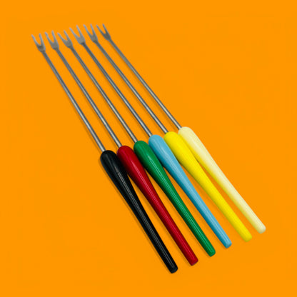 Vintage Coloured Teardrop Fondue Forks, Set of 6 - Mid-Century Modern Design with vibrant handles for stylish fondue parties.