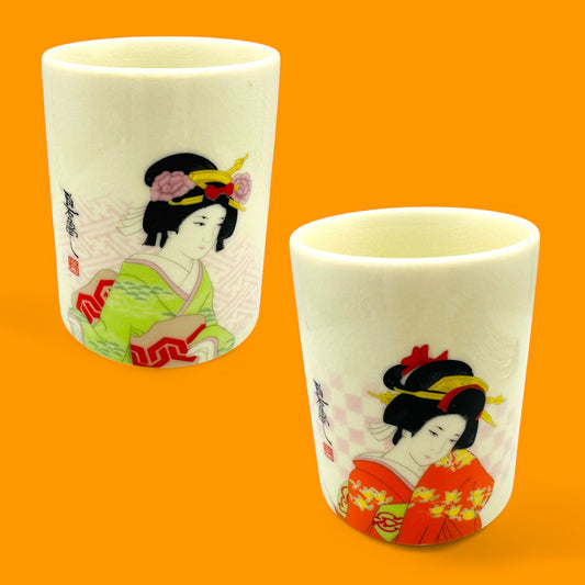 Vintage Japanese Geisha Mug Set – Pair of Porcelain Teacups with Kimono Art