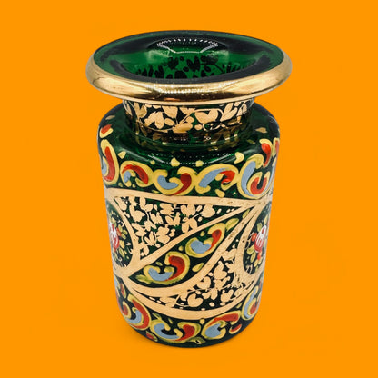 Hand-Painted Green Glass Jar – Emerald Decorative Jar with Gold Accents