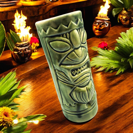 Green Tiki Vase  - Vintage 1960s Mid-Century Modern – MCM Tropical Barware Decor