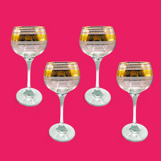 Vintage Hock Wine Glasses Set of 4 – 1950s Gilt Gold Leaf Band – 150ml