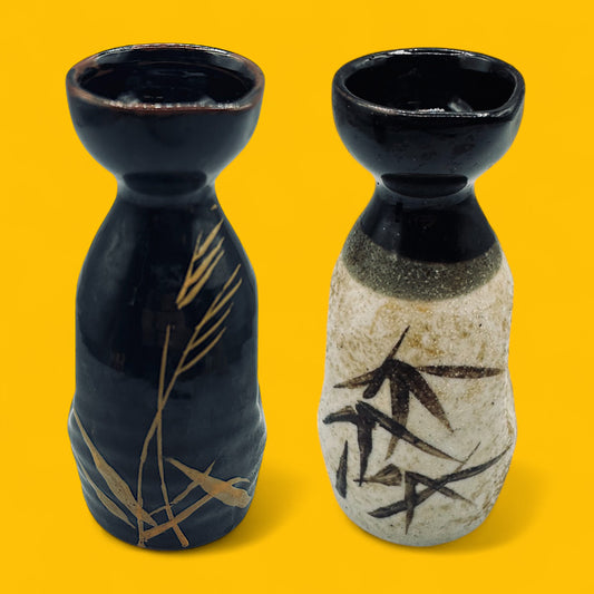Vintage handmade bamboo motif sake carafe set 12.5 cm tall