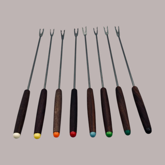 Vintage teak handle color coded stainless steel fondue forks set