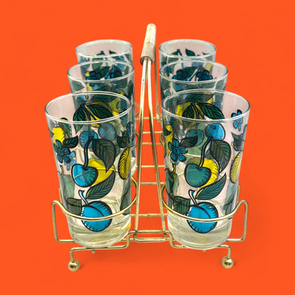 Duralex Juice Glasses w/ Coloured Fruit Print in Gold Wired Carrier