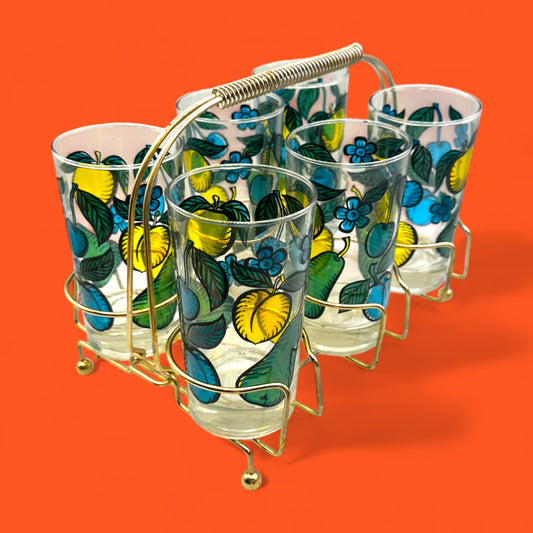 Duralex Juice Glasses w/ Coloured Fruit Print in Gold Wired Carrier