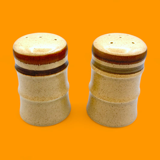 Vintage 1970s ceramic salt and pepper shakers with retro glaze