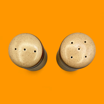 Vintage 1970s ceramic salt and pepper shakers with retro glaze