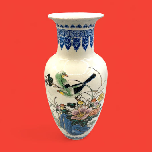 Hand-Painted Chinese Vase with Pheasant Bird Motif 1970s Blue Floral Pottery