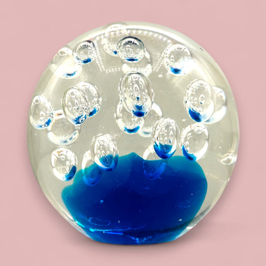 Mid-Century Modern Glass Paperweight with Air Bubbles – Blue Base, Clear Top