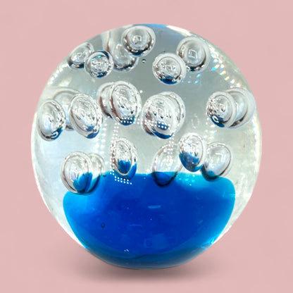 Mid-Century Modern Glass Paperweight with Air Bubbles – Blue Base, Clear Top