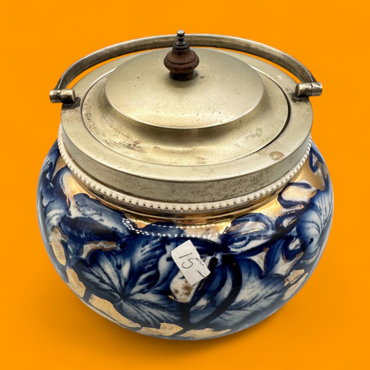 Biscuit barrel with floral blue & gold glaze, c. mid-late 19th century