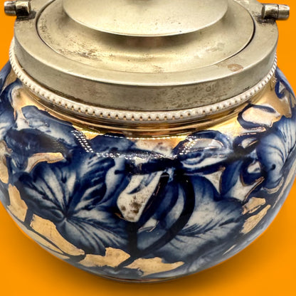 Biscuit barrel with floral blue & gold glaze, c. mid-late 19th century