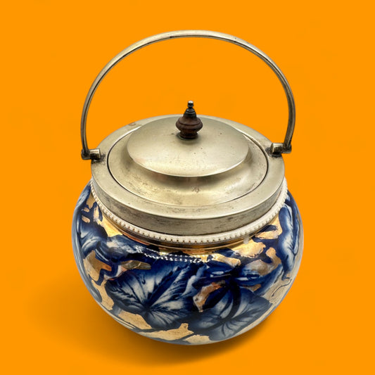Biscuit barrel with floral blue & gold glaze, c. mid-late 19th century