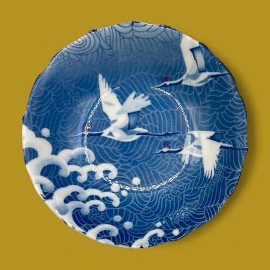 Japanese Porcelain Rice Bowl with Cranes Over Ocean Waves