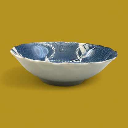 Japanese Porcelain Rice Bowl with Cranes Over Ocean Waves