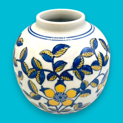 Vintage Hand-Glazed Chinese Floral Vase with Blue & Yellow Motif