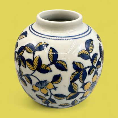 Vintage Hand-Glazed Chinese Floral Vase with Blue & Yellow Motif